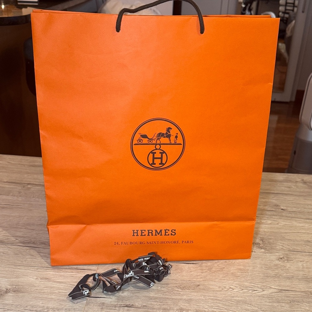 Hermes Vibrant Orange Bag with Brown  Handles & Ribbon